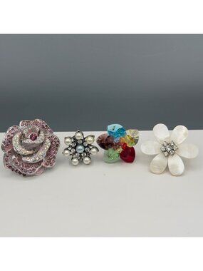 Floral Statement Rings Rhinestones Faux Pearls Mother Of Pearl Multi Color